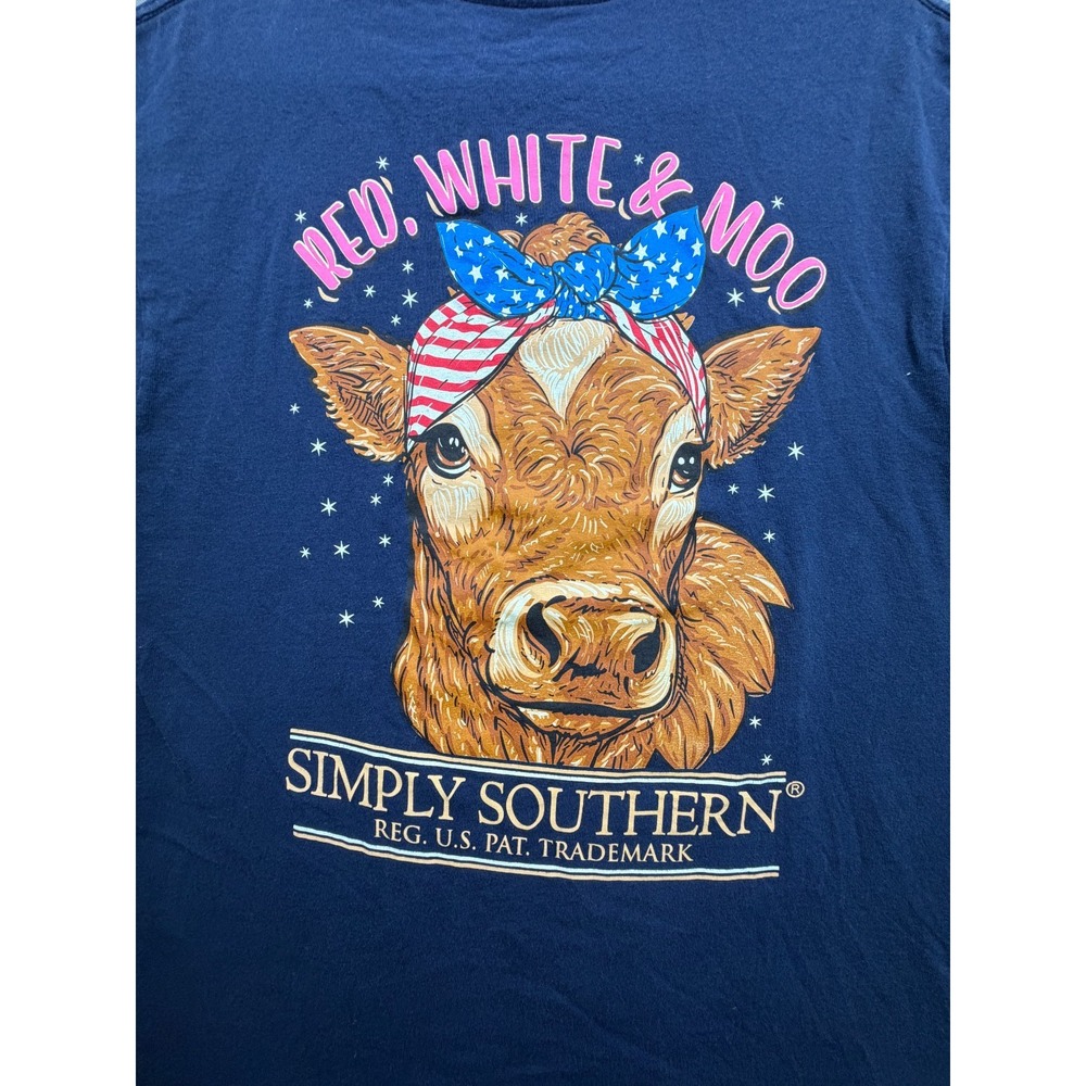 Simply Southern Red White & Moo Cow T-Shirt Navy Blue Patriotic Tee Womens Large - Picture 4 of 8